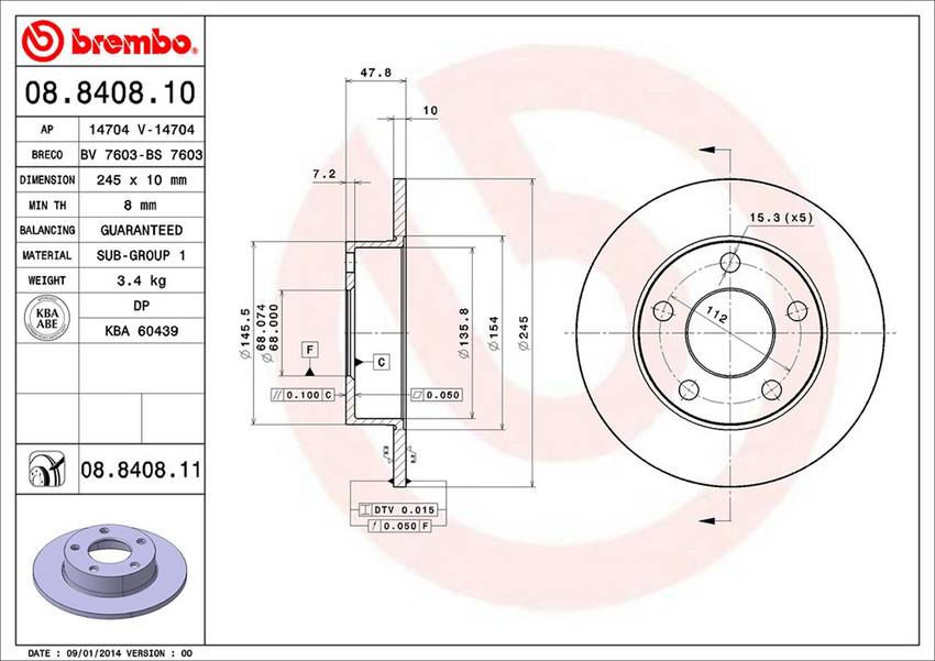 Audi VW Brembo Disc Brake Rotor - Rear (245mm) 8D0615601A